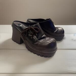 L.E.I. Vintage Y2K Brown Faux Leather Chunky Platform Lace Heeled Mule Shoes 9.5